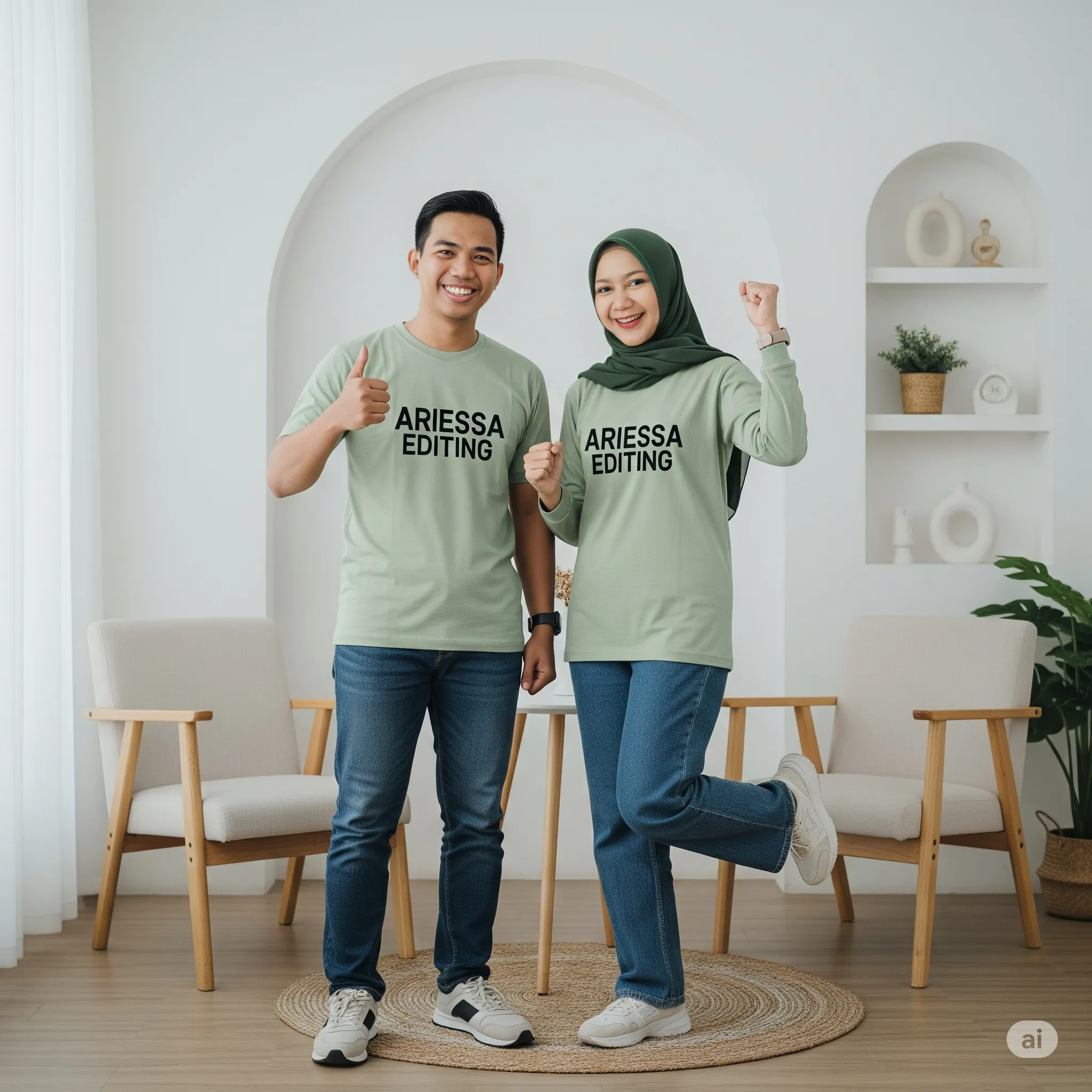Foto bebas dengan nama merek di baju dan latar custom